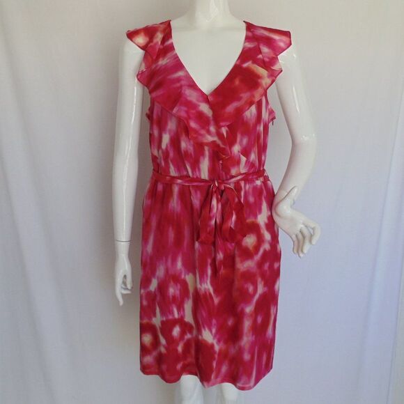 ANN TAYLOR Silk Dress, 10, Pink/Red, Ruffle neck, Sleeveless, Sash belt - Picture 13 of 13